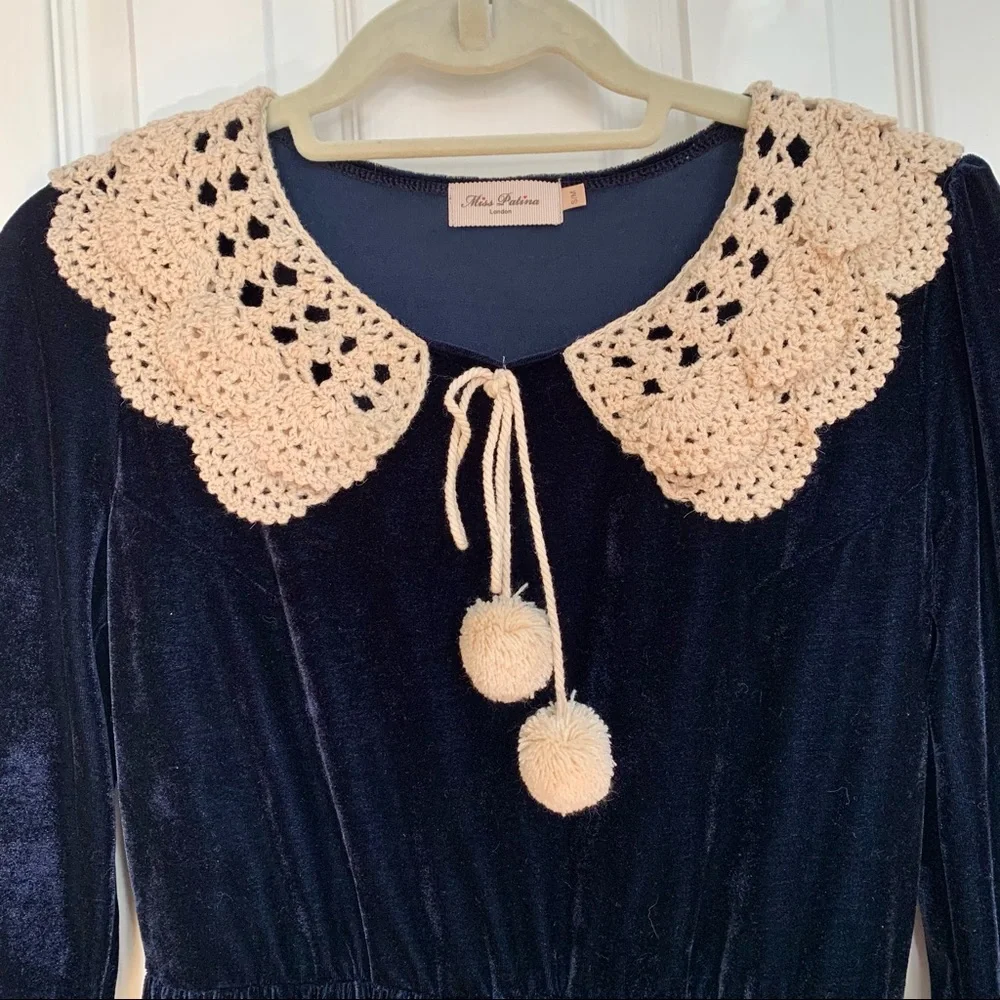 NWOT Modcloth Wintry Blue Velvet Dress with Crochet Collar ❄️ - Picture 2 of 3